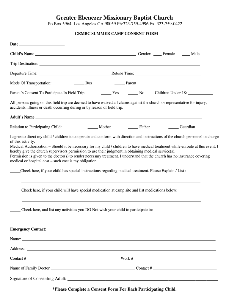 Parental Consent Form for Youth Camp