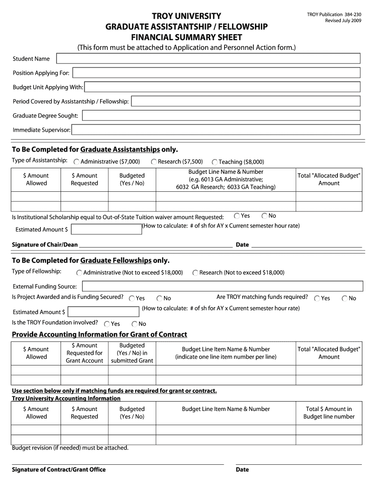 Troy University Graduate Assistantship Fellowship Financial Summary  Form