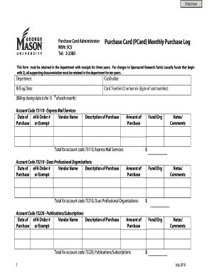 Monthly Purchase Log Fiscal Services George Mason University  Form