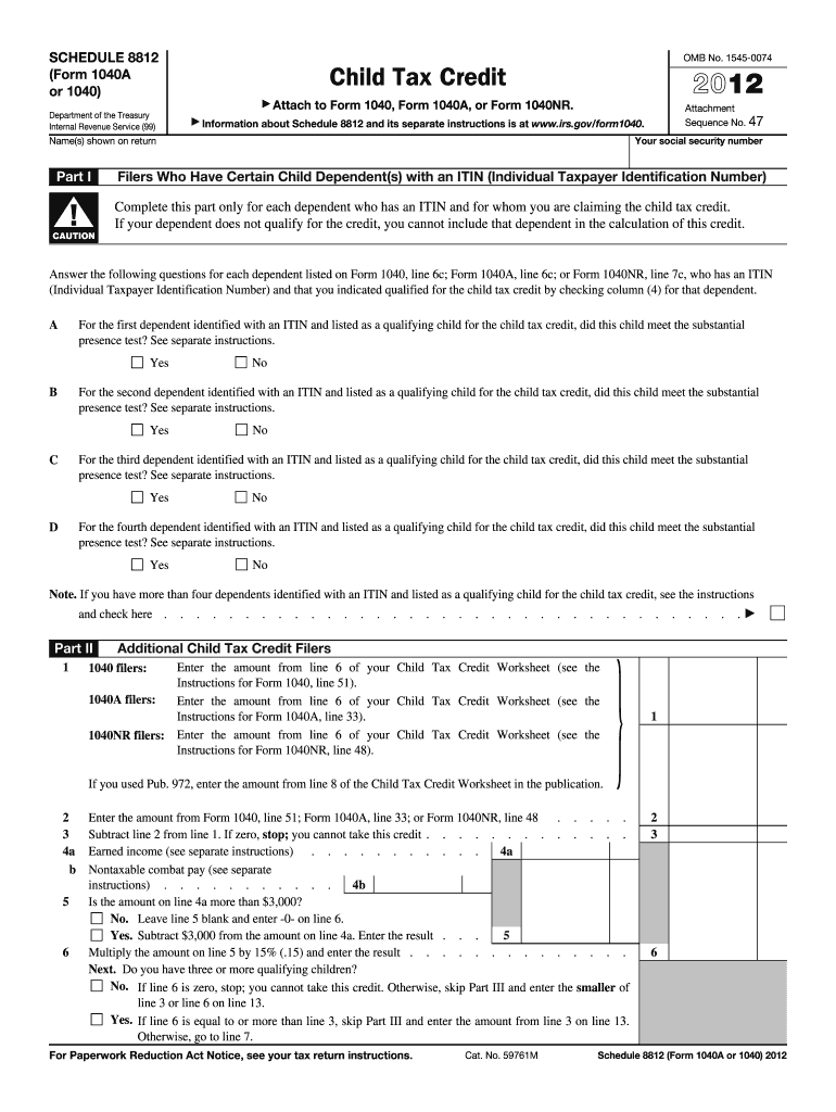  8812 Schedule Form 2012