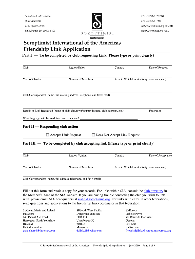 Soroptimist International of the Americas Friendship Link Application  Form
