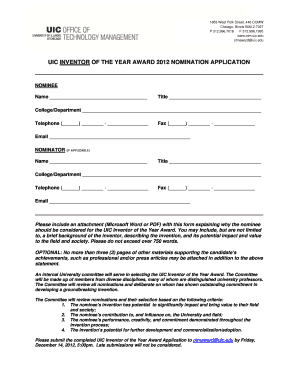 Uic Inventor of the Year Award Nomination Application  Form