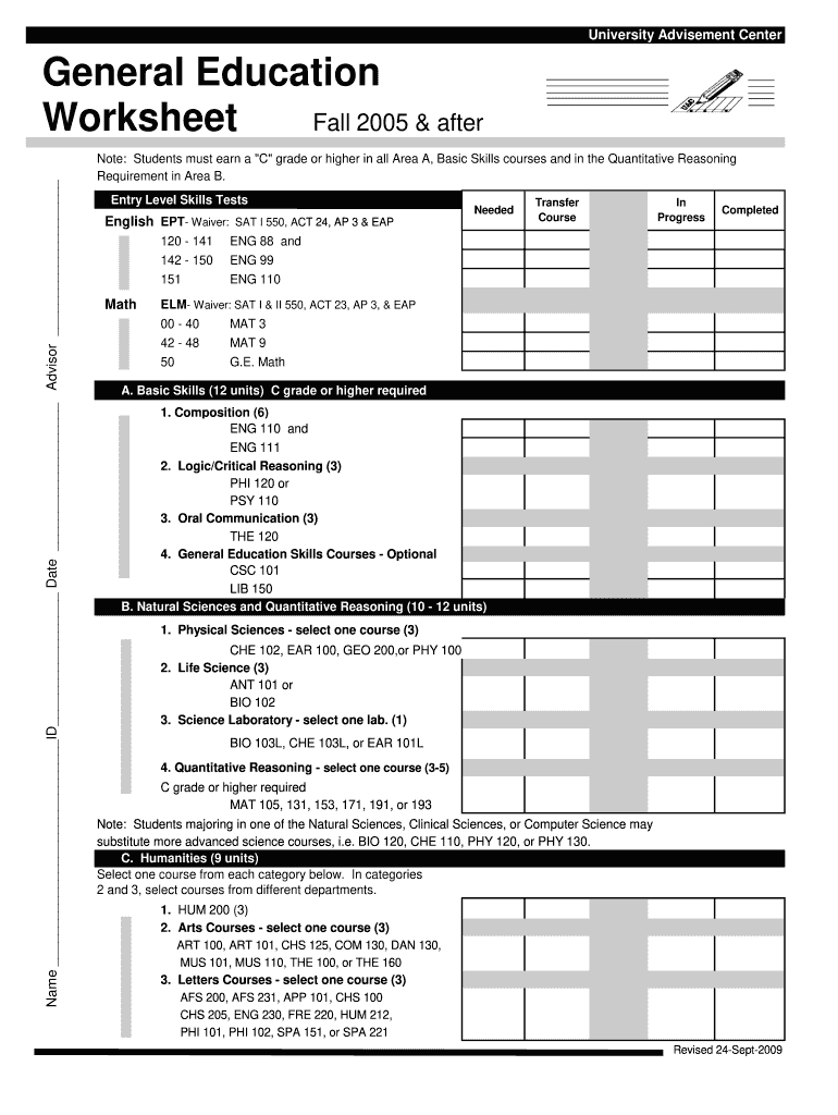  General Education Worksheet  California State University    Csudh 2009