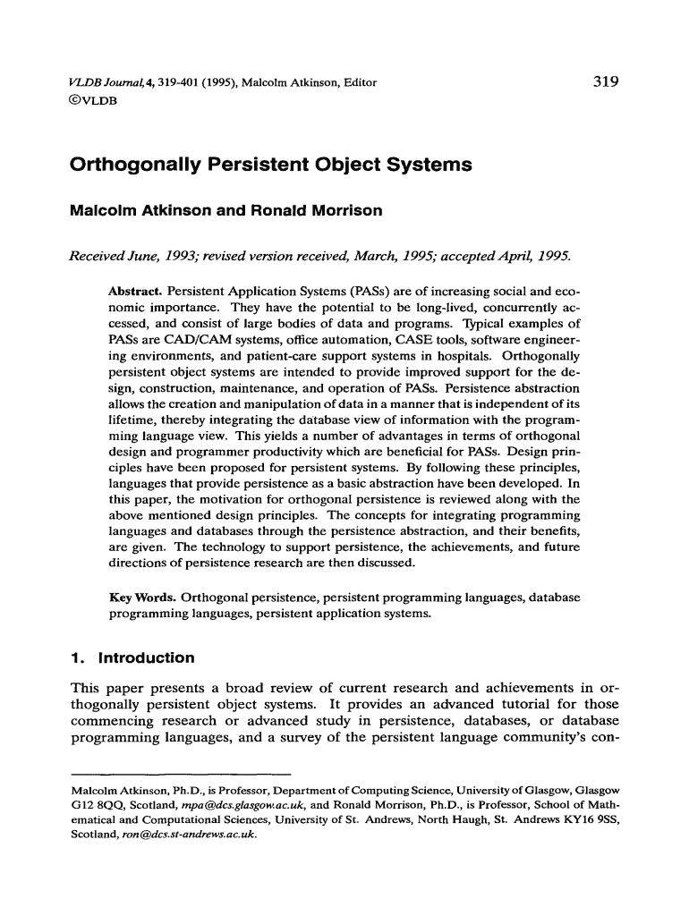 Orthogonally Persistent Object Systems VLDB Endowment Inc  Form