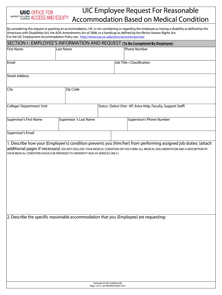 UIC Employee Request for Reasonable Accommodation Based on  Form