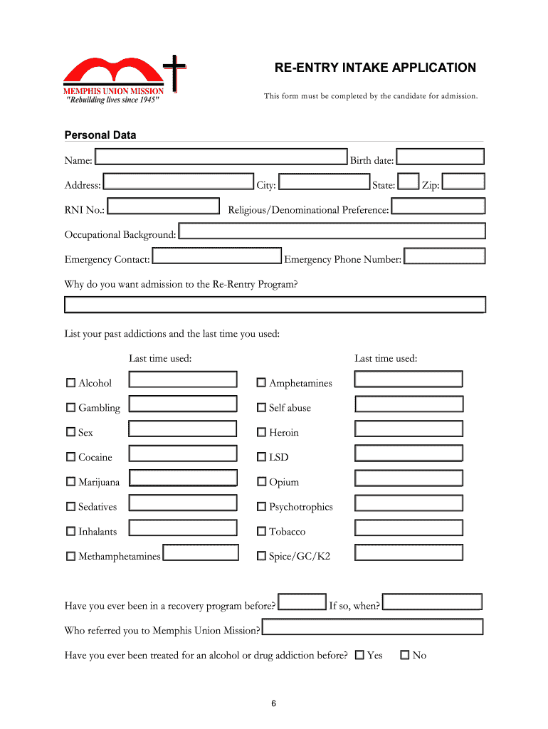 Download a Program Application Memphis Union Mission  Form