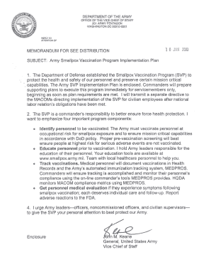 ARMY SMALLPOX PREPAREDNESS and VACCINATION PROGRAM IMPLEMENTATION PLAN  Form