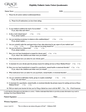 Eligibility Pediatric Intake Patient Questionnaire Patient Signature  Form