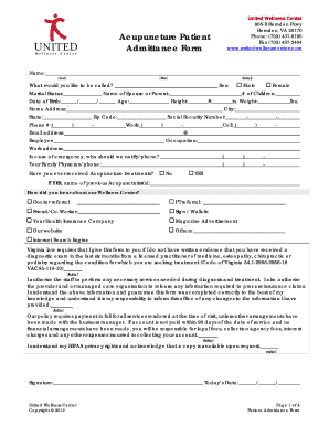 Acupuncture Patient Admittance Form United Wellness Center