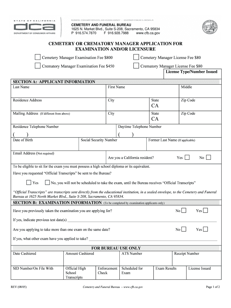 Application for Examination Andor Licensure Cemetery and  Form