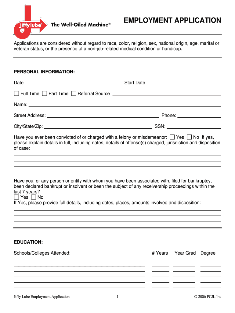 Jiffy Lube Job Application that is Fillable Form
