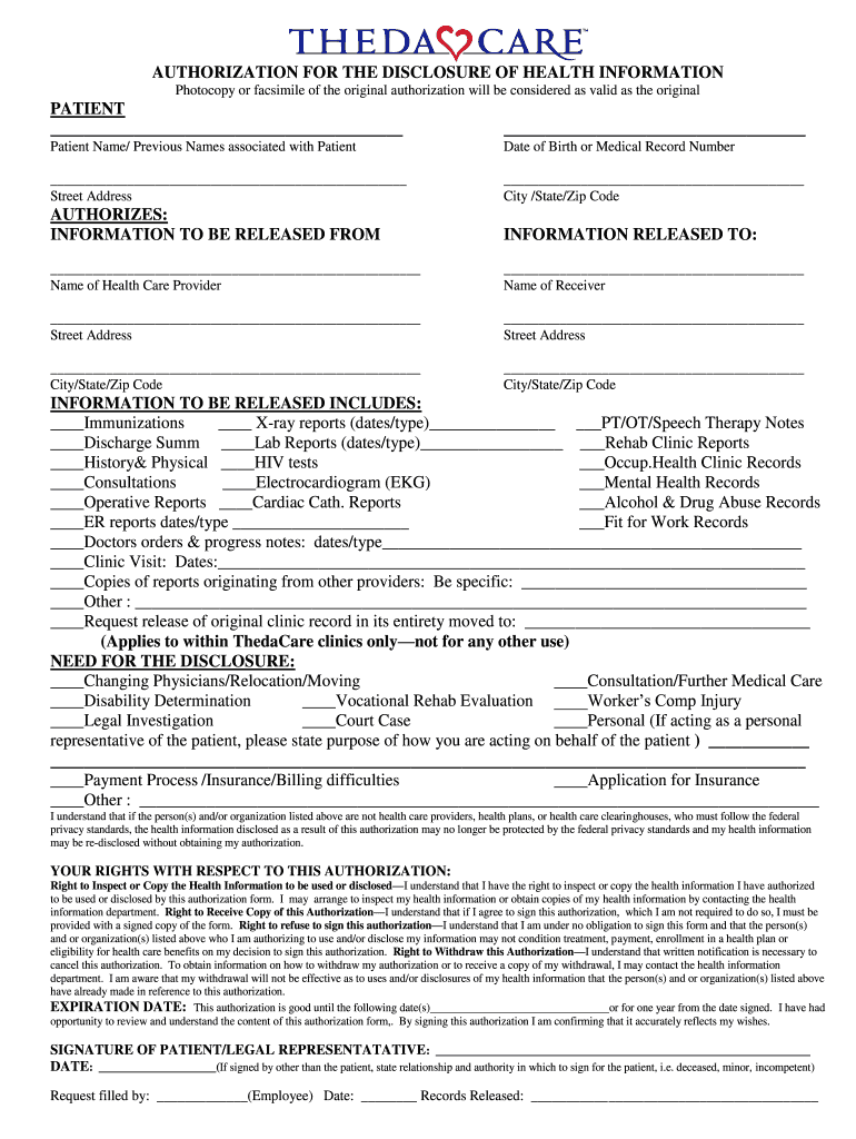 Thedacare Medical Records  Form