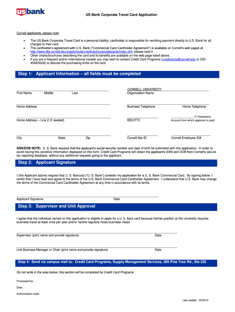 US Bank Corporate Travel Card Application DFA  Form
