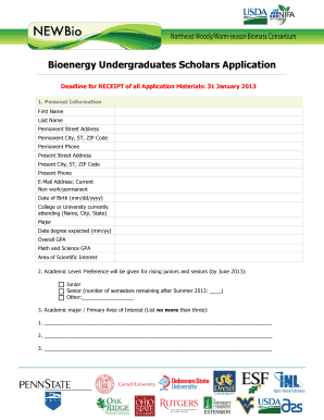 Bioenergy Undergraduates Scholars Application NEWBio  Form