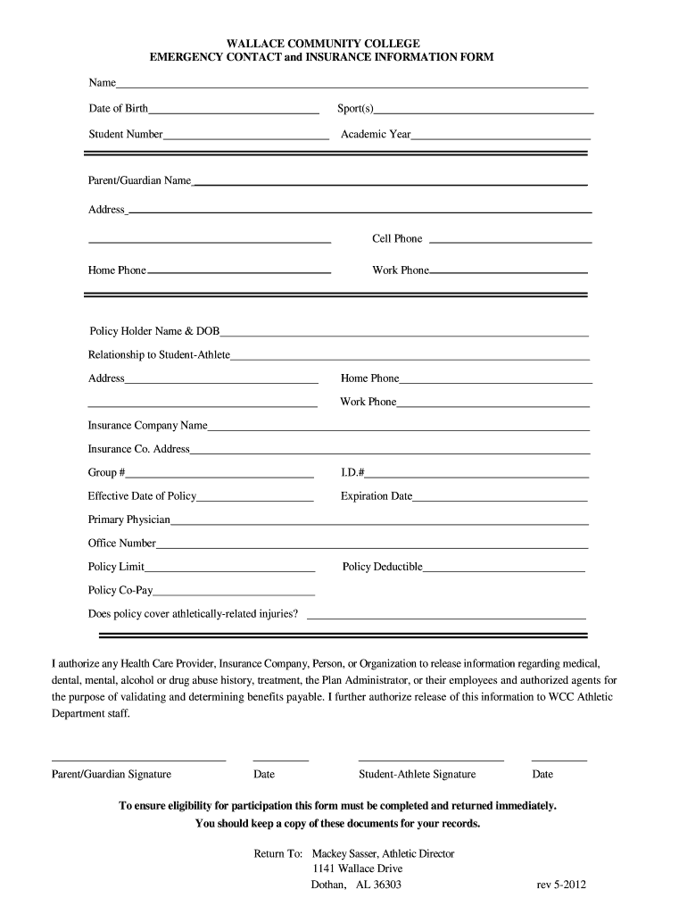 Emergency Contact and Insurance Form Wallace Community