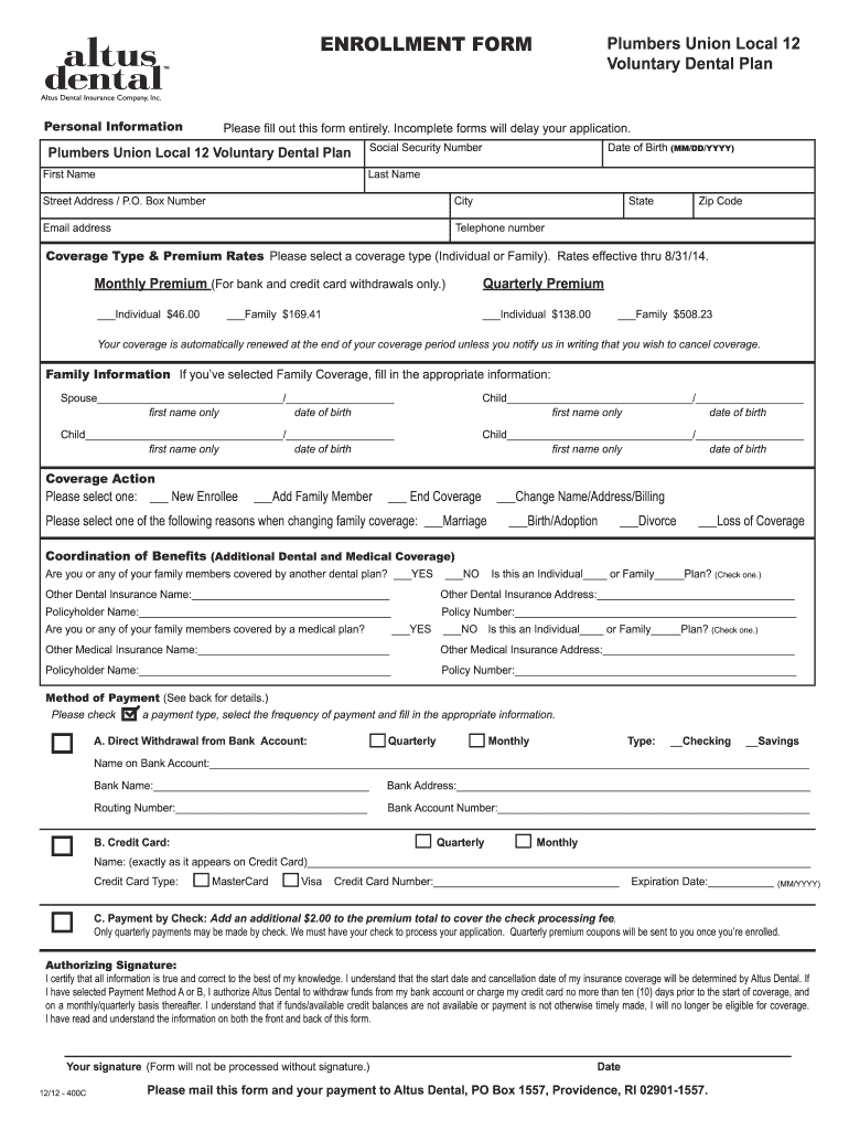  Altus Dental Enrollment Form 2012-2024