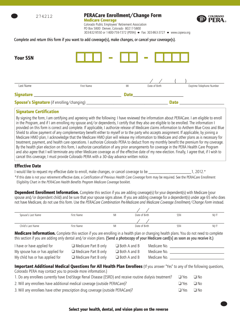  Peracare Enrollment Change Form Medicare Coverage 2012