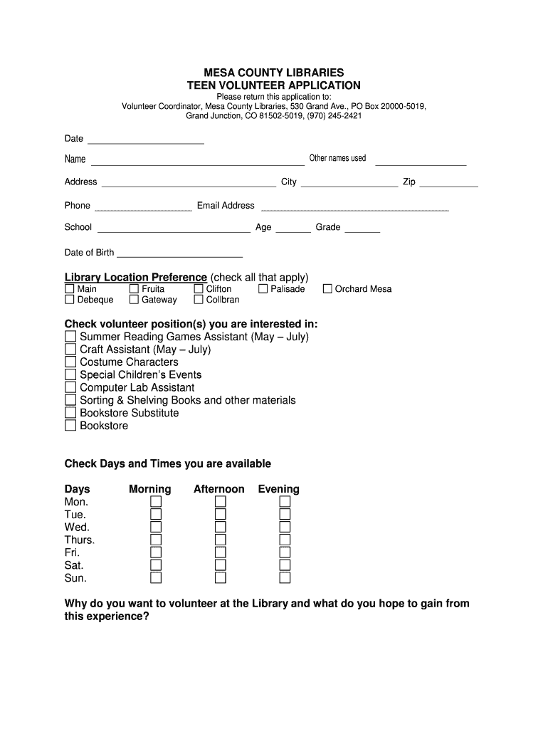 Printable Teen Volunteer Application Mesa County Libraries Mesacountylibraries  Form