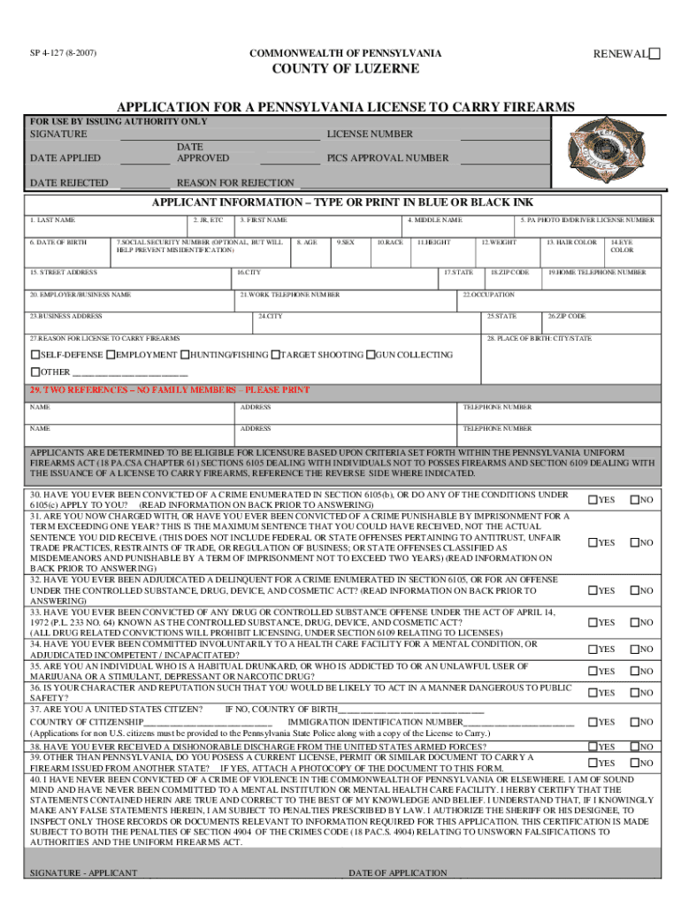  Application to Carry Firearms in Luzerne County Pennsylvania  Form 2007