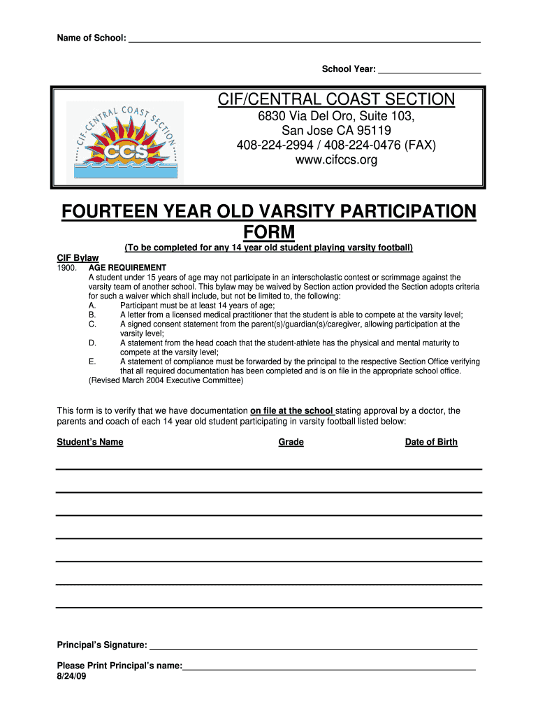  Cif Central Coast Waiver for 14 Year Old to Play Varsity Football 2009-2024