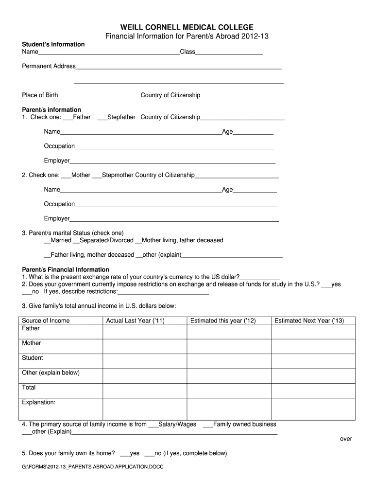 Parents Abroad Application Weill Medical College  Form