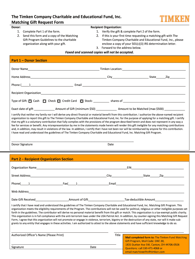Timken Fund Matching Gift Program Guidelines &amp; Application  Form