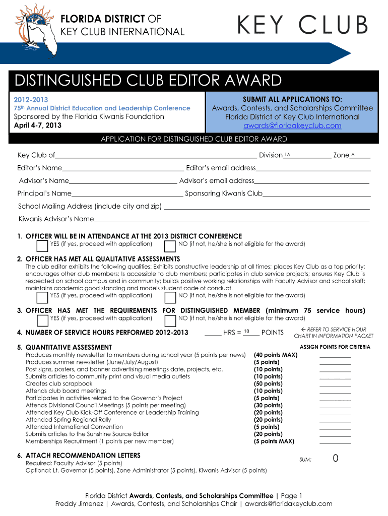 DISTINGUISHED CLUB EDITOR AWARD Florida Key Club Florida  Form