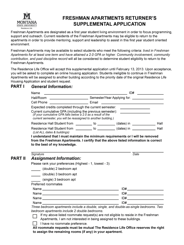 Freshman Apartments Returner&#039;s Supplemental Application  Form