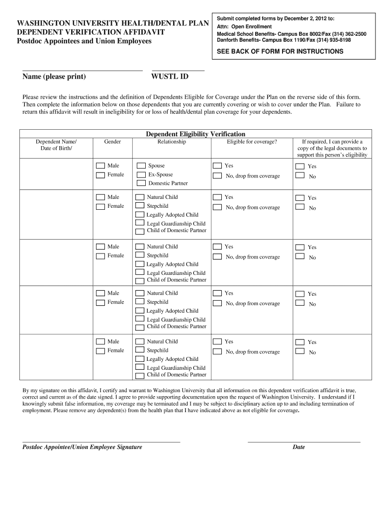 Postdoc Dependent Verification Affidavit Medschoolhr Wustl  Form