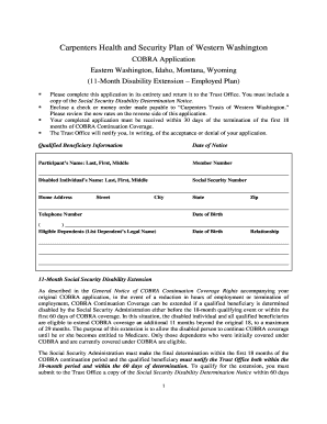 COBRA Application 11 Month Qualifying Event Carpenters Trusts  Form