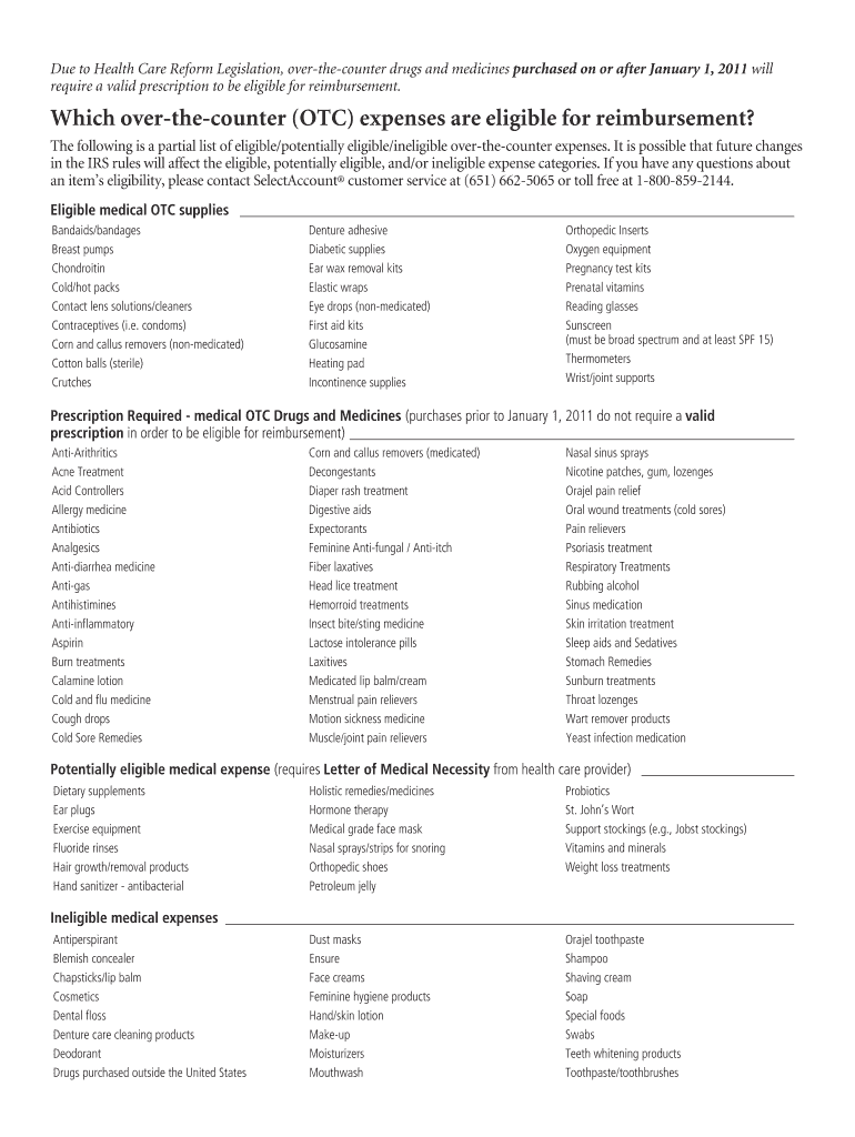 Medical FSA List of Eligible over the Counter Expenses  Form