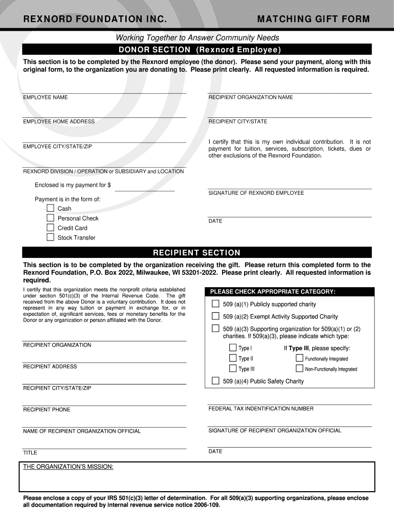 REXNORD FOUNDATION INC MATCHING GIFT FORM