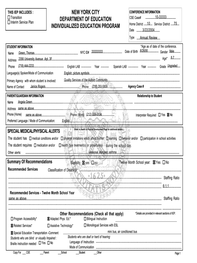 Nyc Doe Iep Template  Form