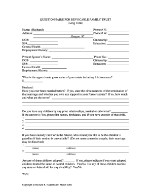 QUESTIONNAIRE for WILL and TRUST  Form