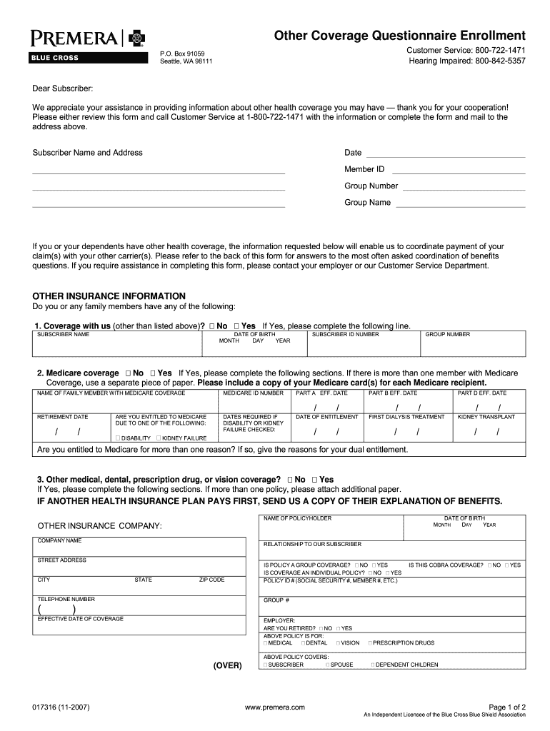  Premera Enrollment Form 2007-2024