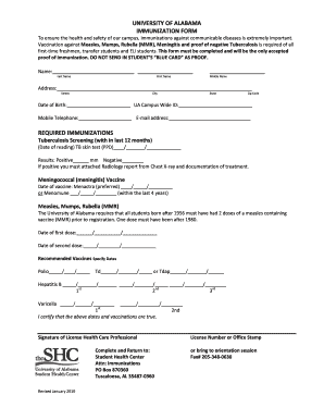 University of Alabama Immunization Form