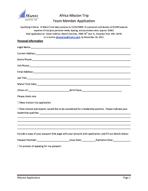 Africa Mission Trip Team Member Application Mains&#039;l Services  Form