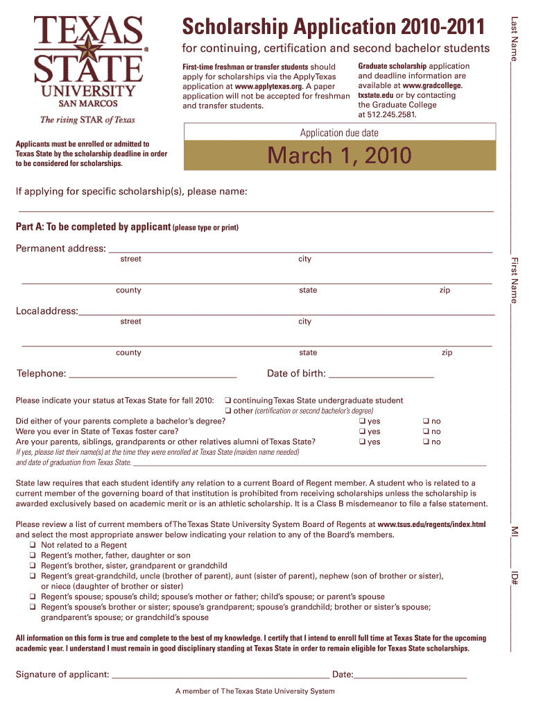 Scholarship Application Financial Aid and Scholarships Texas Finaid Txstate  Form