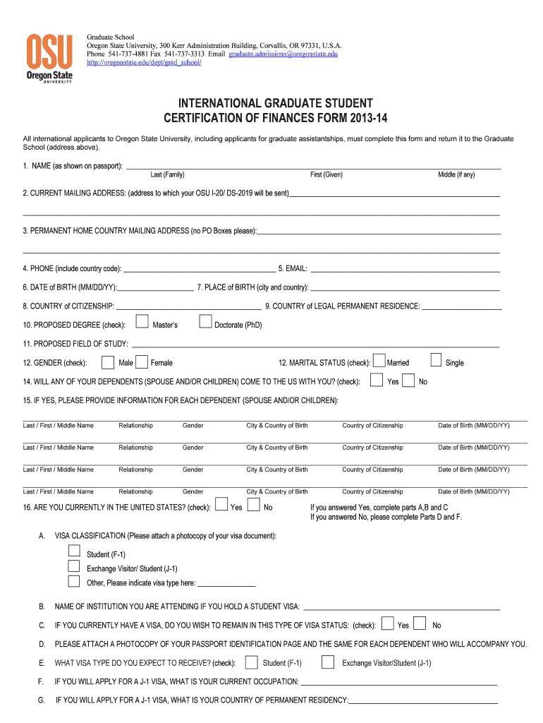 Certification of Finances Form 14 Oregon State University