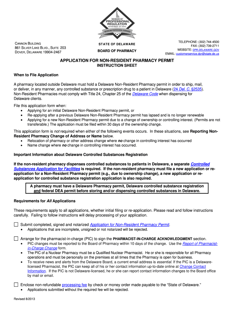 Application for Non Resident Pharmacy Permit Division of  Form