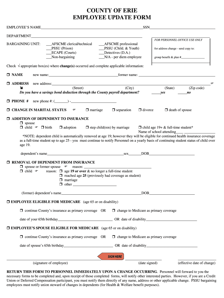 County of Erie Employee Update Form Erie County, Pennsylvania