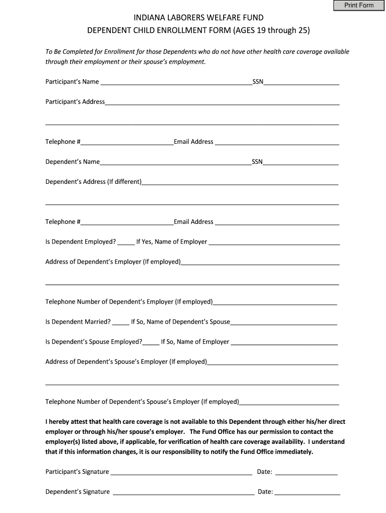 Dependent Child Enrollment Form Indiana Laborers