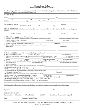 Orange Coast College Statement of Residence Form