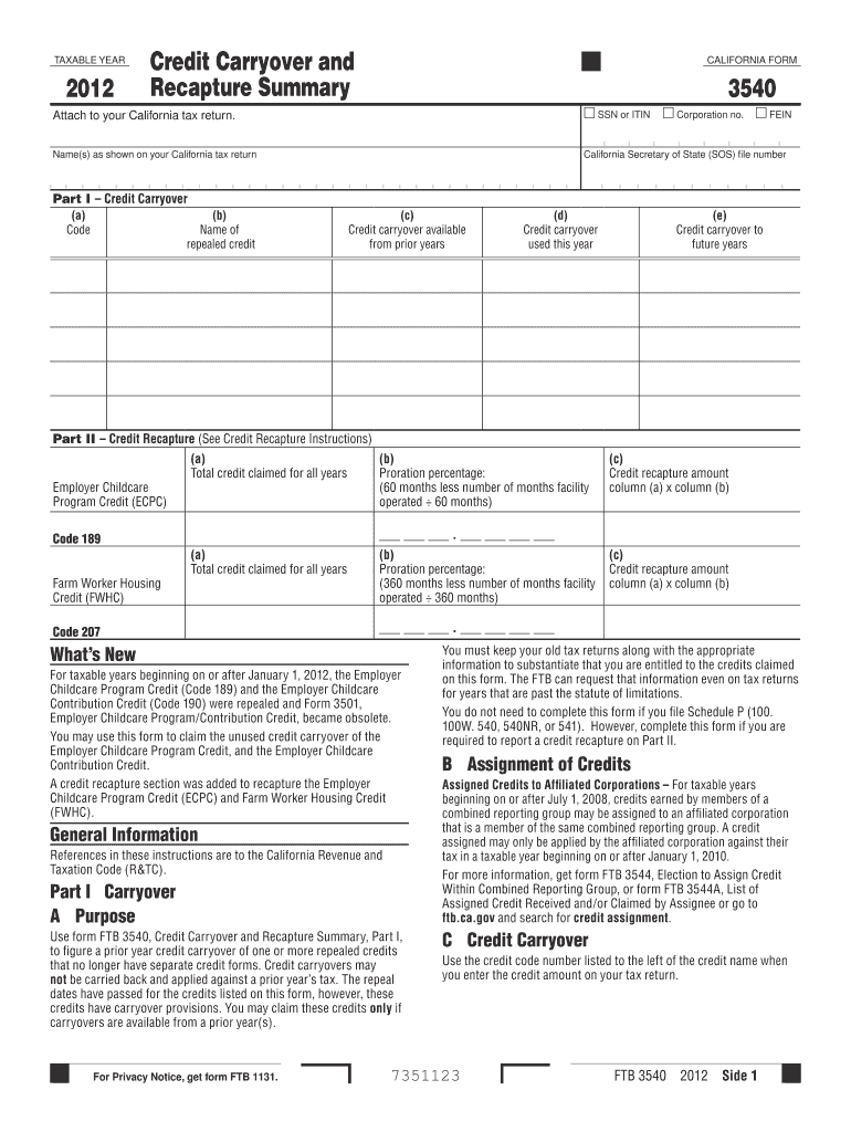 Form 3540 Credit Carryover and Recapture Summary a UMI Dissertation