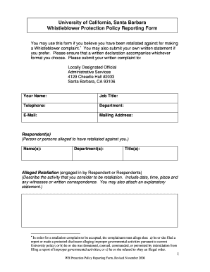 Retaliation Reporting Form Whistleblower University of California