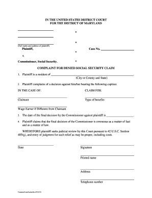 In the UNITED STATES DISTRICT COURT for the DISTRICT of MARYLAND * * Full Name and Address of Plaintiff Plaintiff, Case No  Form