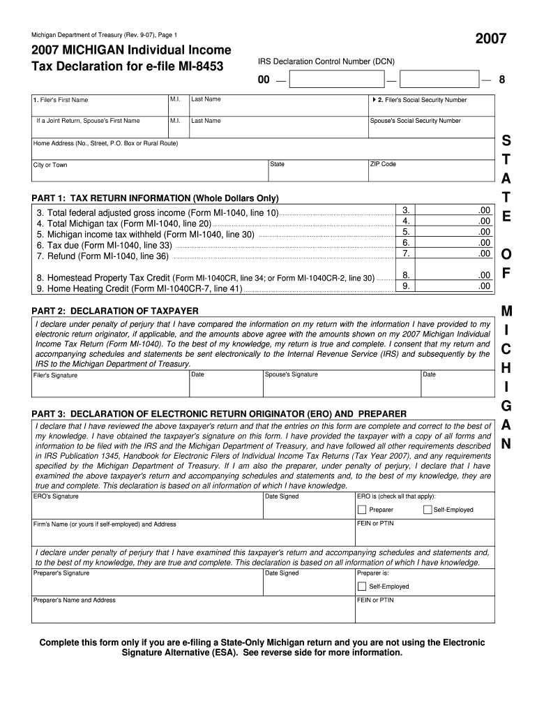 9 07, Page 1 MICHIGAN Individual Income Tax Declaration for E File MI 8453 IRS Declaration Control Number DCN 00 1  Form