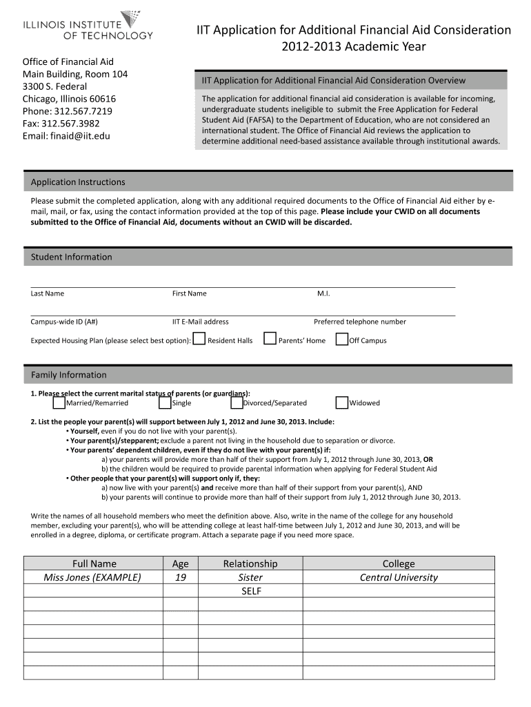 IIT Application for Additional Financial Aid Consideration Academic Year Office of Financial Aid Main Building, Room 104 3300 S  Form