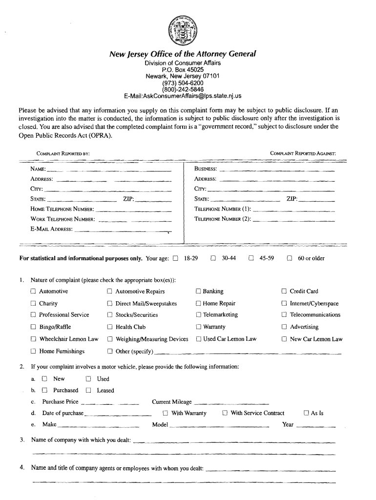 Disater Complaint Form Fairfieldnj