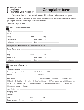 Printable Complaint Form Washington State Office of the Insurance Insurance Wa